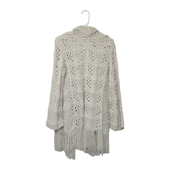 Boho Open Front Crochet Knit Fringe Cardigan Sweater Cream Sz Small Long Sleeve - Picture 2 of 8